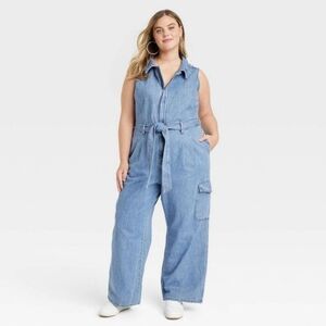 Womens Denim Cargo Jumpsuit Medium Wash Universal Thread Size 12